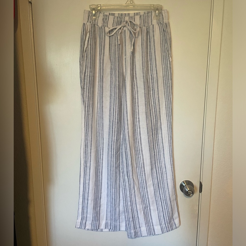 Wide Leg Linen-Blend Stripe Pants - White & Blue